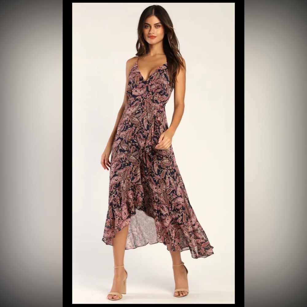 NWT Lulus Effortless Days Navy Blue Paisley Print Ruffled Midi Dress Size M
